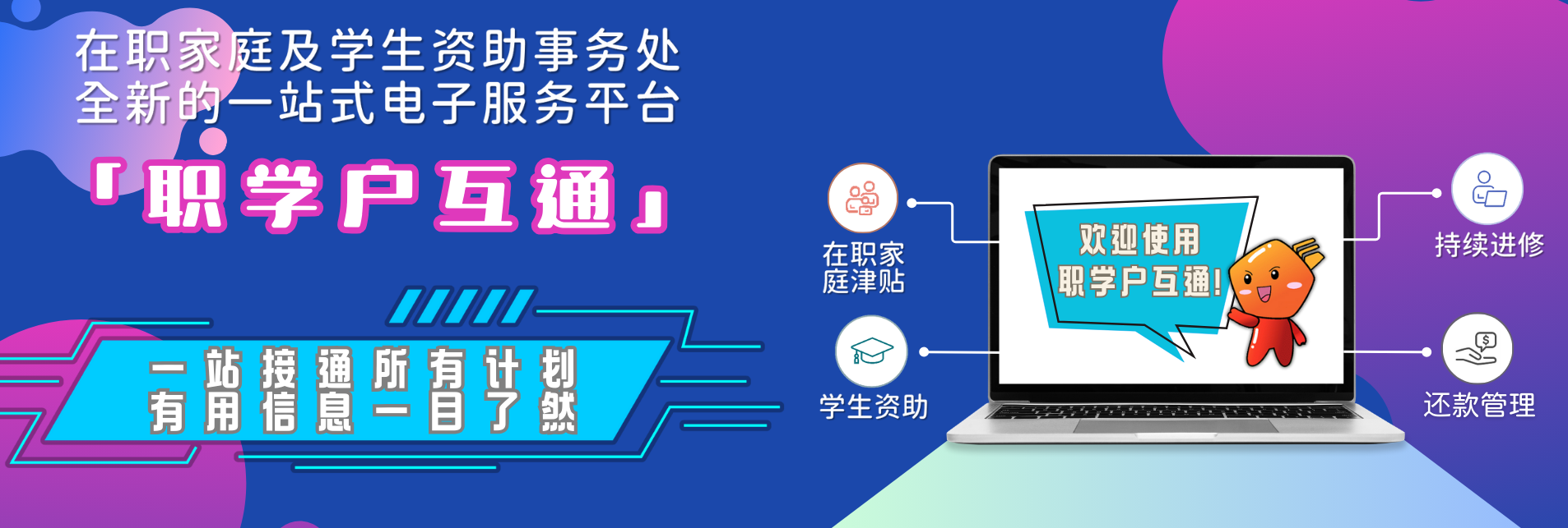 在职家庭及学生资助事务处全新一站式电子服务平台「职学户互通」，一站接通所有计划，有用信息一目了然。